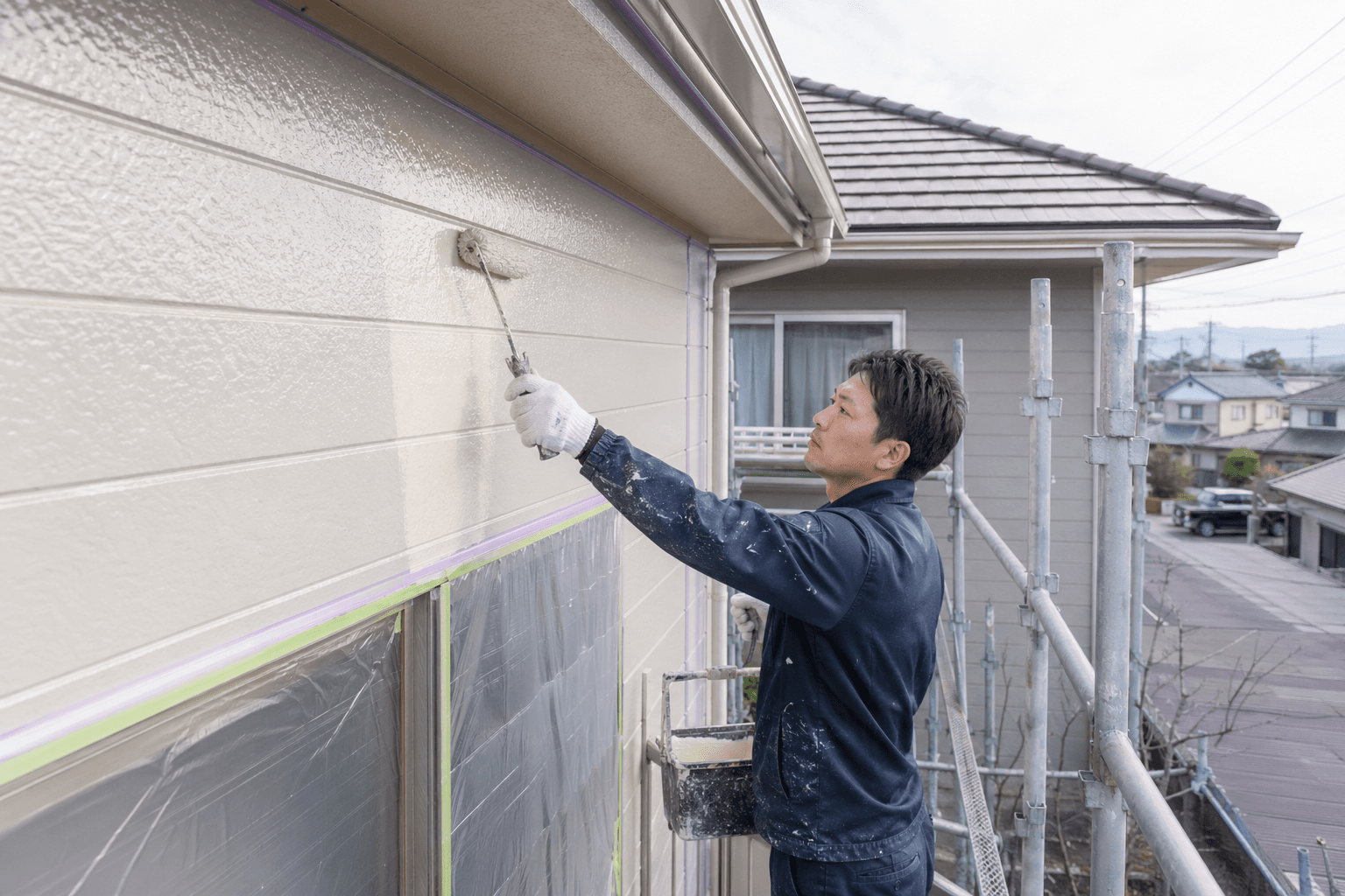 屋根と外壁の塗装作業を行う三十代の男性職人の作業風景